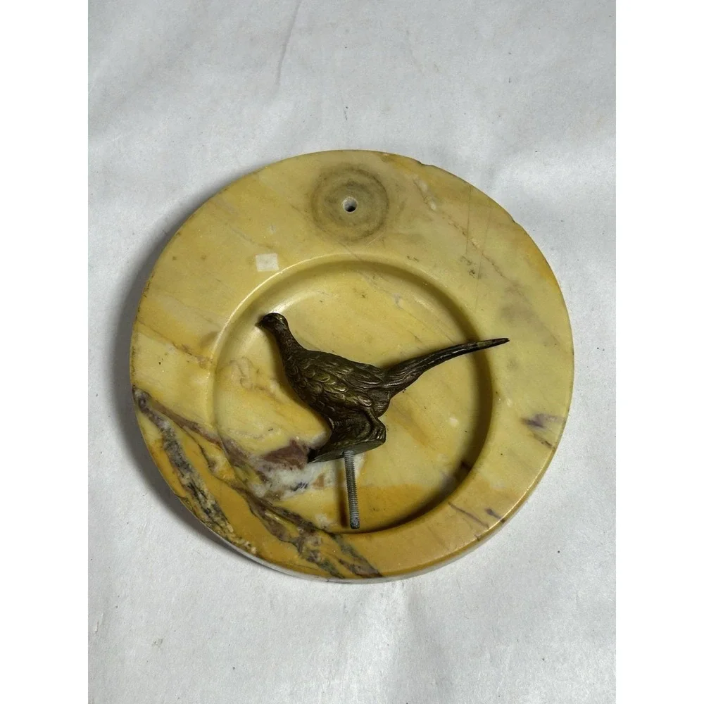 Vintage Art Deco Brass Pheasant Marble Figural Ashtray Trinket Dish Lodge Cabin